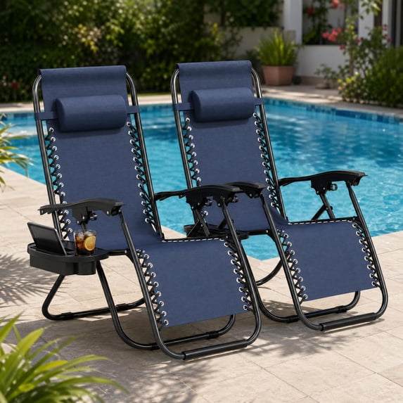 CazToi 2 Pack Oversized Folding Patio Lounge Chairs, Textilene Lawn Chairs with Adjustable Armrests, Reclining Chair Set