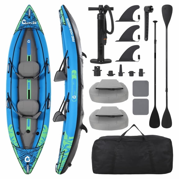 CazToi 2 Person Inflatable Kayak, Fishing & Touring Kayak, Fins, Hand Pump, Carry Bag, Repair Kit
