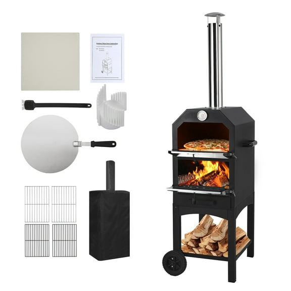 CazToi 2 Wheels Premium Portable Wood-Fired Pizza Oven with Stone and Grill Rack for Parties & Picnics