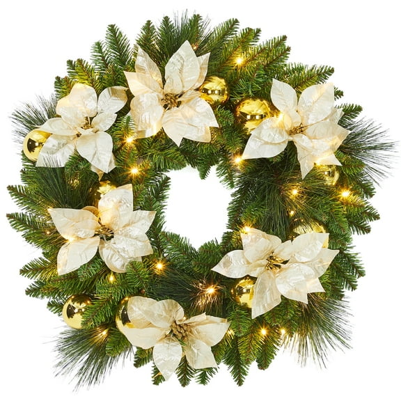 CazToi 24 Inch Christmas Wreath with LED Lights Gold Poinsettia & Balls for Front Door