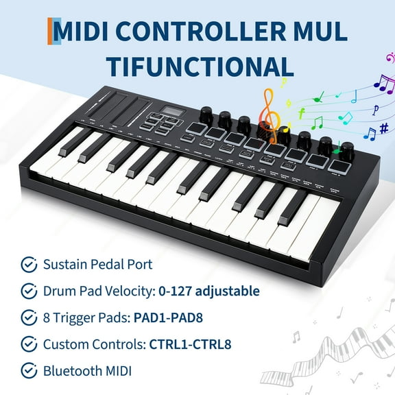 CazToi 25-Key MIDI Keyboard Controller with Bluetooth OLED Display 8 Pads & 8 Knobs USB/DAW Controller