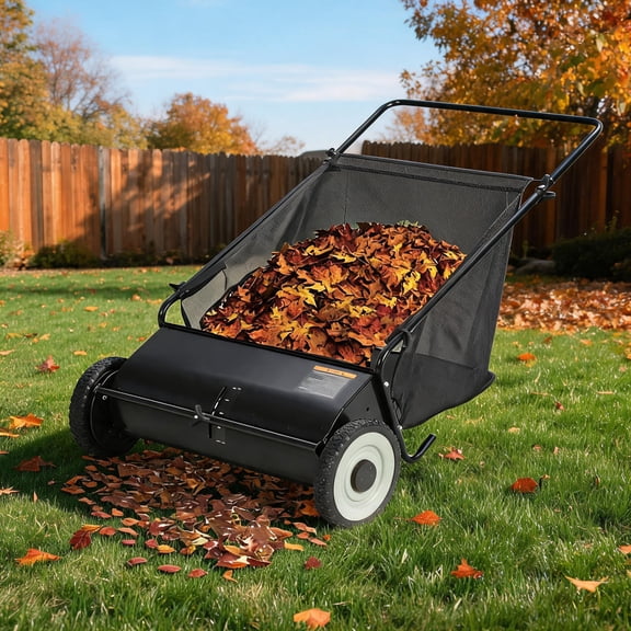 CazToi 26-Inch Push Lawn Sweeper, Manual Leaf & Grass Collector, Steel Frame, Black