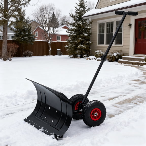 CazToi 29" Wide Snow Pusher Wheels Heavy Duty Metal Adjustable Handle Angled Blade Pavement Driveway Snow Removal