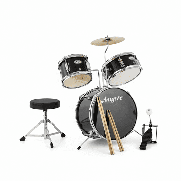 CazToi 3-Piece Kids Drum Set Musical Percussion Kit with Cymbal & Pedal & Bass Drum & Tom Toms & Drumsticks & Stool