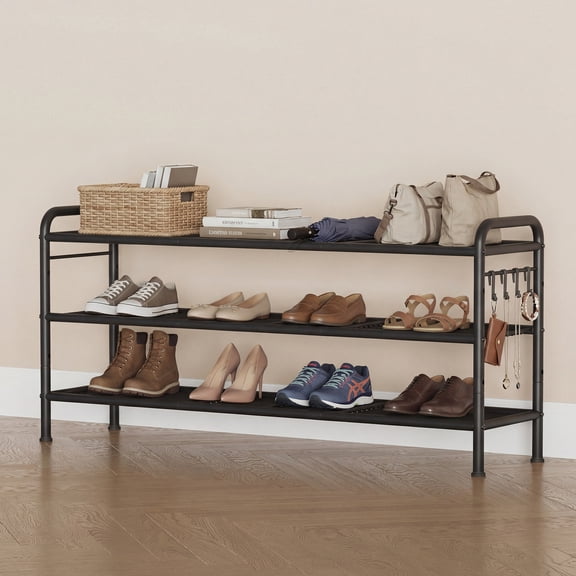 CazToi 3-Tier Shoe Rack Organizer, Adjustable Metal Shoe Storage with Hooks, 44.8" Wide