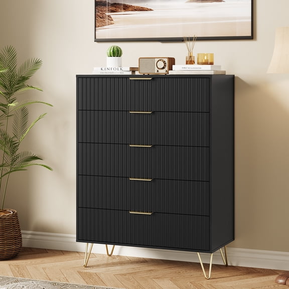 CazToi 32-inch Modern Fluted Dresser with 5 Drawers Narrow Wooden Chest Multi-Functional Storage Organizer