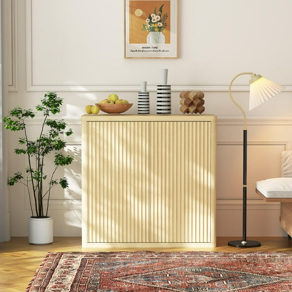 CazToi 35 Inch Fluted Wood Sideboard Buffet Table Modern Coffee Bar Organizer with Pop-Up Doors Adjustable Storage Shelves