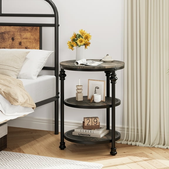 CazToi 3Tier Round Table Industrial Metal Legs Compact Storage Bedside Stand