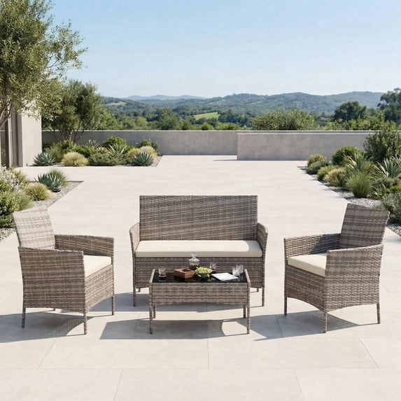 CazToi 4-Piece Patio Furniture Set with Glass Table and Cushions All-Weather PE Wicker Conversation Set