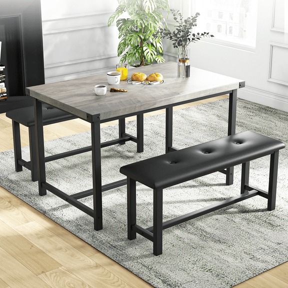 CazToi 44" Dining Table Set for 4 with 2 Upholstered Benches Metal Frame & Wood Top Kitchen & Dining Set