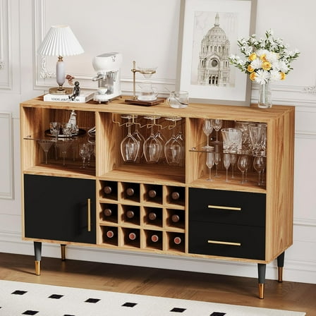 CazToi 47"  Wine Bar Cabinet with LED Light Glass Holder and Storage for Dining Living Room