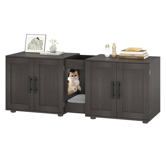 CazToi 55 Inch Double Litter Box Enclosure Modern Hidden Cat Furniture for 2 Cats Wooden TV Stand Side Table Pet House