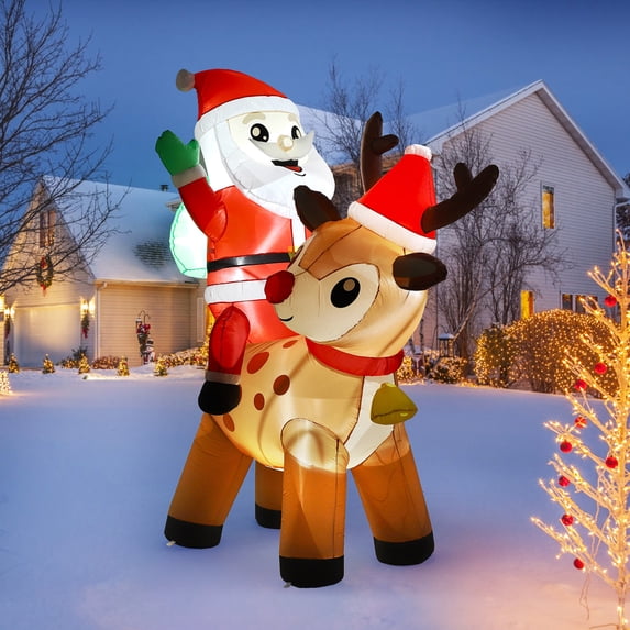CazToi 6.9ft Inflatable Santa Claus with Reindeer Outdoor Yard Decoration with Lights