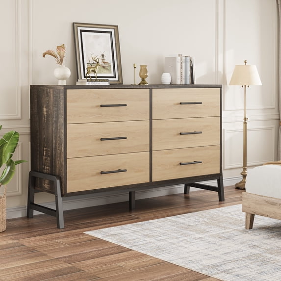 CazToi 6 Drawer Dresser R-Leg Wooden Chest of Drawers Storage Cabinet