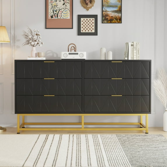 CazToi 6 Drawer Wood Dresser Modern Storage Organizer with Metal Legs for Bedroom Living Room