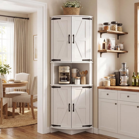 CazToi 65" Tall Corner Cabinet with Doors, Freestanding Corner Pantry, Farmhouse Triangle Cupboard