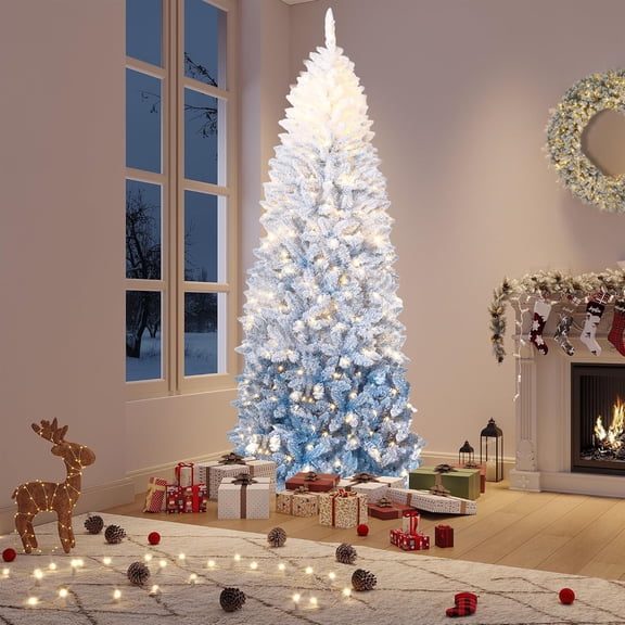 CazToi 6ft Artificial Pencil Christmas Tree Blue Gradient Pre-Lit Snow Flocked Xmas Tree for Home Office Party