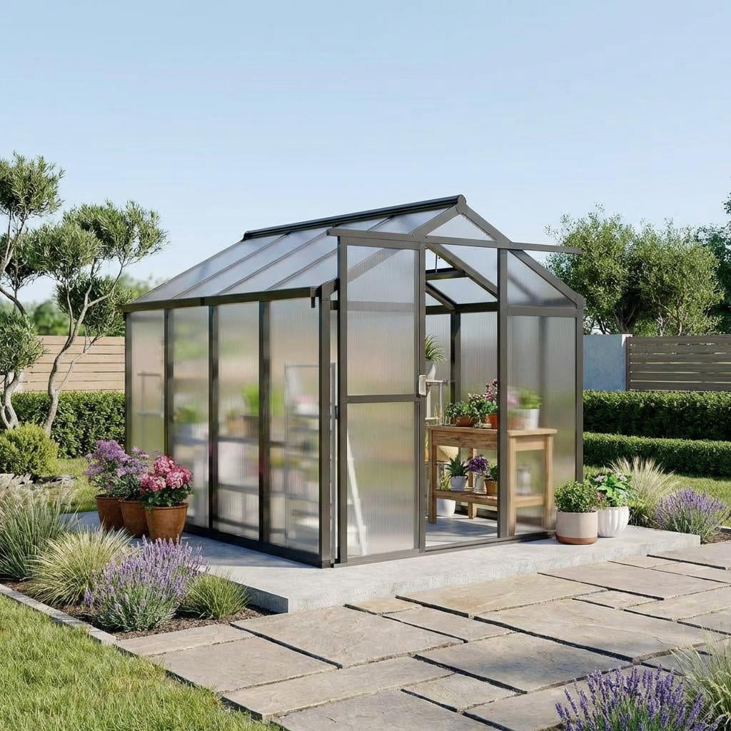 CazToi 6x8 FT Aluminum Frame Walk-in Polycarbonate Greenhouse with Roof Vent & Lockable Sliding Door