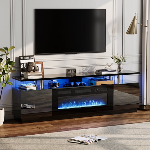 CazToi 70" TV Stand with 36" Electric Fireplace 12 Flame Colors 2 Tier Storage Cabinet