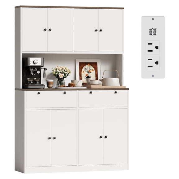 CazToi 71" Kitchen Pantry Cabinet with Built-in Charging Station & Microwave Stand 47" Wide Storage Hutch with 8 Doors 2 Drawers