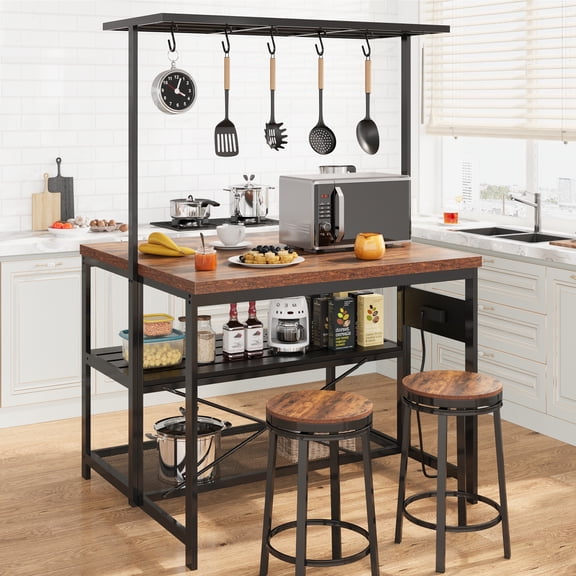 CazToi 72" Tall Kitchen Bakers Rack, 48" Kitchen Island Table with Hanging Rack, Heavy Duty Metal Microwave Stand and Prep Station