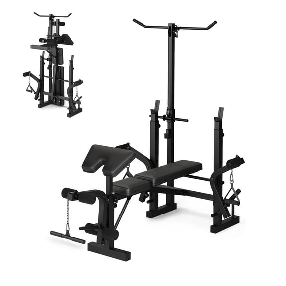 CazToi 900 LBS Strength Adjustable Weight Bench Set for Home with Lat-Pull Down System, Barbell Rack, Preacher Curl Pad