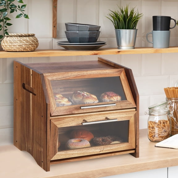 CazToi Acacia Wood Bread Box for Kitchen Countertop, Extra Large Bread Storage Container Bin