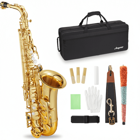 CazToi Alto Saxophone Eb with Gold Lacquer Finish & Full Kit with Mouthpiece Reeds Strap & Stand