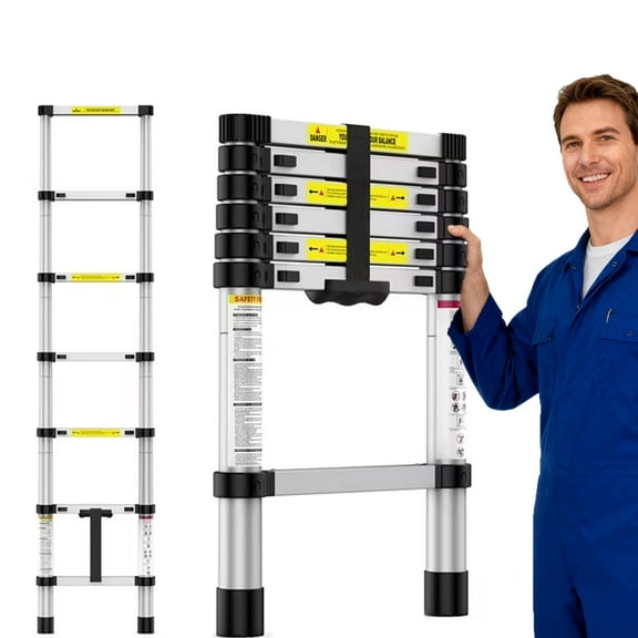 CazToi Aluminum Telescoping Ladder, 6.6 FT Extension Ladder with Non-Slip Feet & Locking Mechanism Lightweight Collapsible Ladder for Home Roof RV  Loft Outdoor Painting & Repair Work