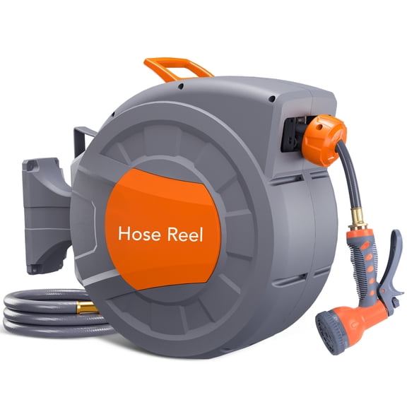 CazToi Automatic Retractable Garden Hose Reel 65 Ft with Any Length Lock 9-Function Sprayer & Wall Mount 180° Swivel