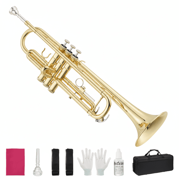 CazToi Bb Trumpet Brass Instrument Gold Lacquer Finish with Case Mouthpiece & Cleaning Kit