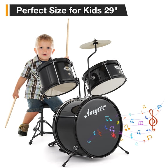 CazToi Beginner Drum Set with Bass Drums & Cymbal Sticks & Stool & Pedal Complete Wooden Drum Kit