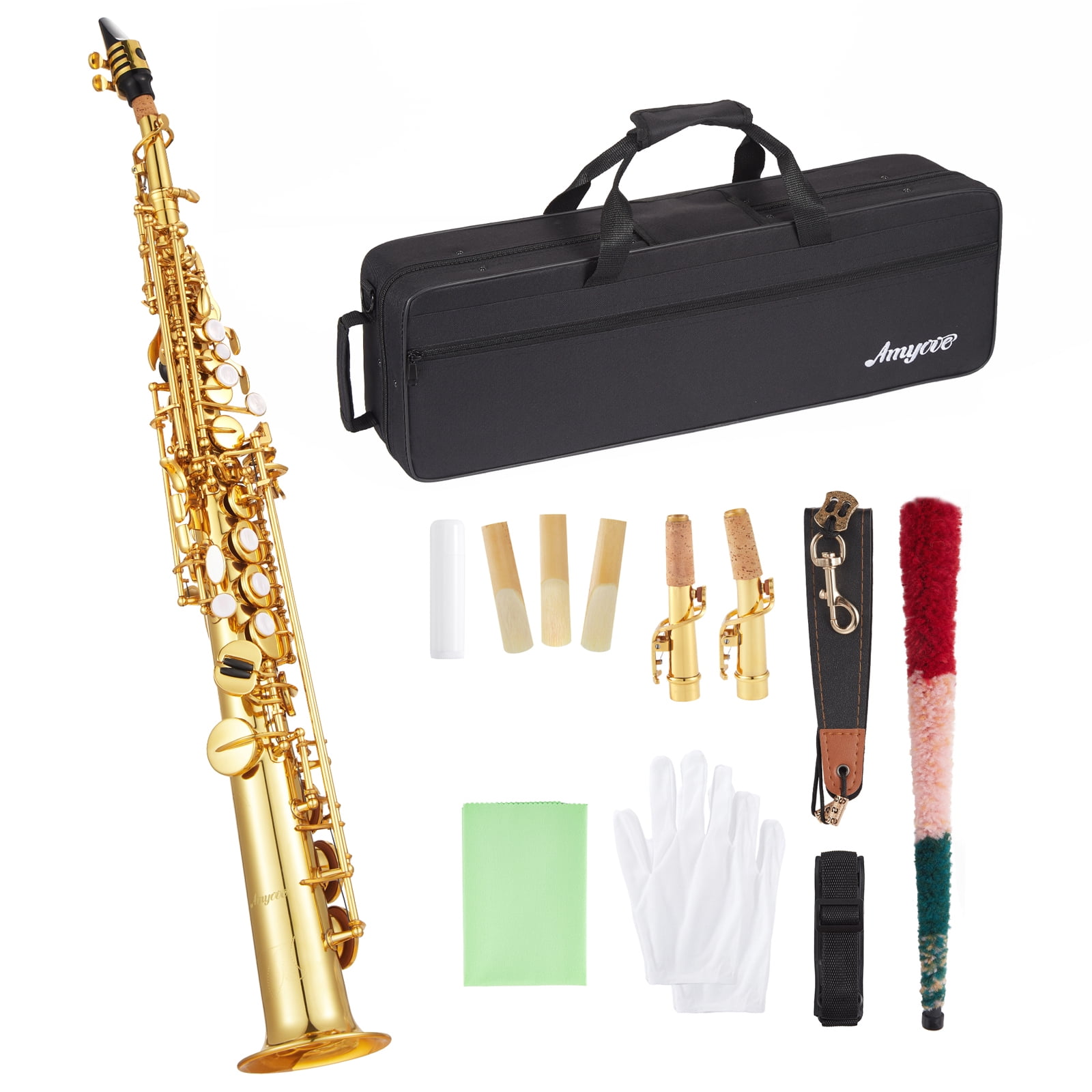 CazToi Brass Straight Soprano Saxophone Professional Grade Sax with Case Strap Gloves & Reeds