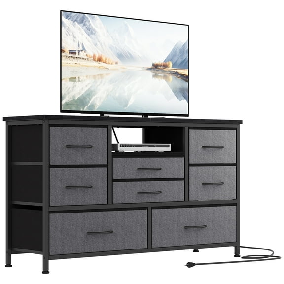 CazToi Chest of Drawers Fabric Dresser with 8 Fabric Drawers & LED Lights & Power Outlets for TV Stand