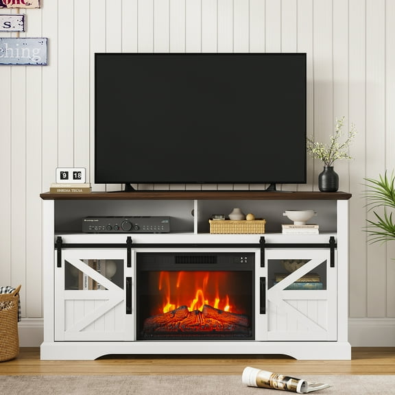 CazToi Farmhouse Electric Fireplace TV Stand 60" with Sliding Barn Door & 23" Heater Fits 75" TVs