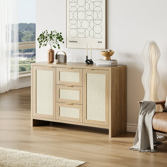 CazToi Farmhouse Sideboard 2 Doors 3 Rattan Drawers Adjustable Shelves Multiroom Storage Brown