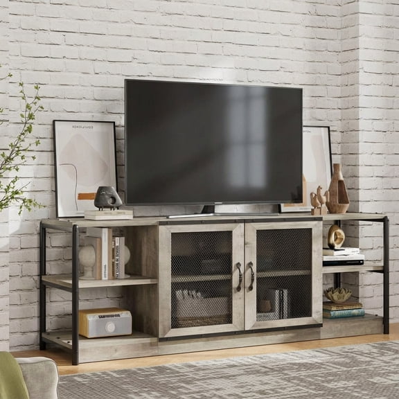 CazToi Farmhouse TV Stand for 75 Inch TVs 500lb Capacity Media Console with Storage & Double Mesh Doors