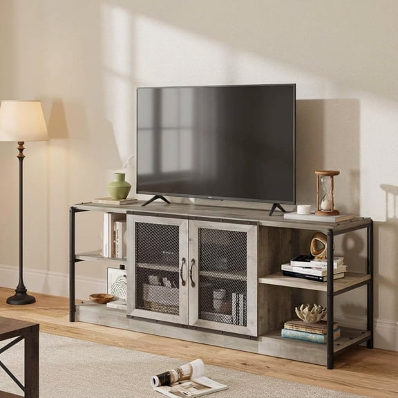 CazToi Farmhouse TV Stand for 75 Inch TVs 500lb Capacity Media Console with Storage & Double Mesh Doors