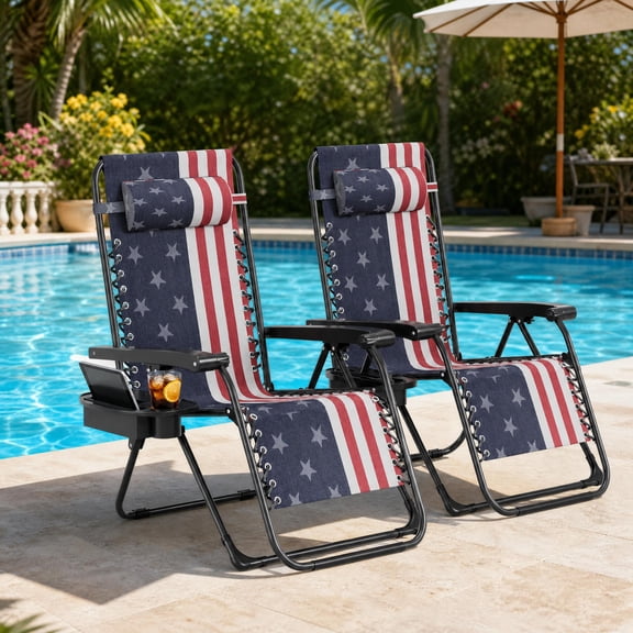 CazToi Folding Patio Chair Set of 2, Reclining Chair with Cup Holder, Foldable Iron Frame Camping Chair with Adjustable Arms