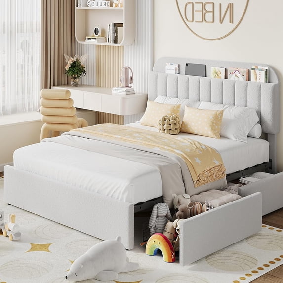 CazToi Full Platform Bed with 2 Drawers & Bookcase Headboard Boucle Upholstered Noise Free No Box Spring Needed