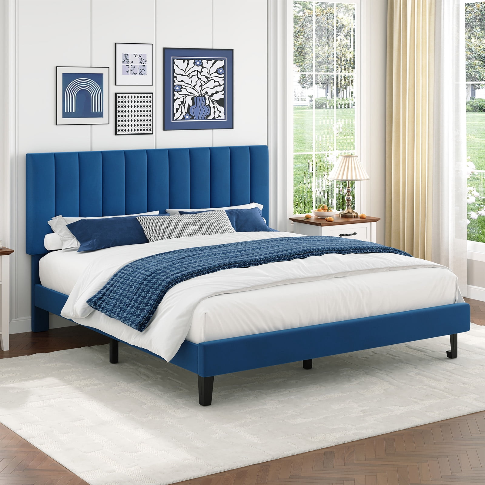 CazToi Full Size Upholstered Bed Frame with Vertical Channel Tufted Headboard Sturdy Wooden Slats Noise Free