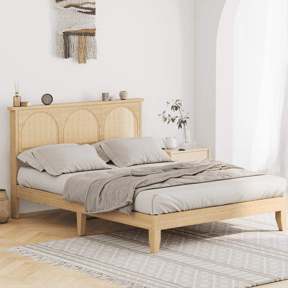 CazToi Grass Rattan Full Bed Frame Arched Wooden Bed with LED Lights