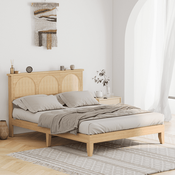 CazToi Grass Rattan Queen Bed Frame Arched Wooden Bed with LED Lights
