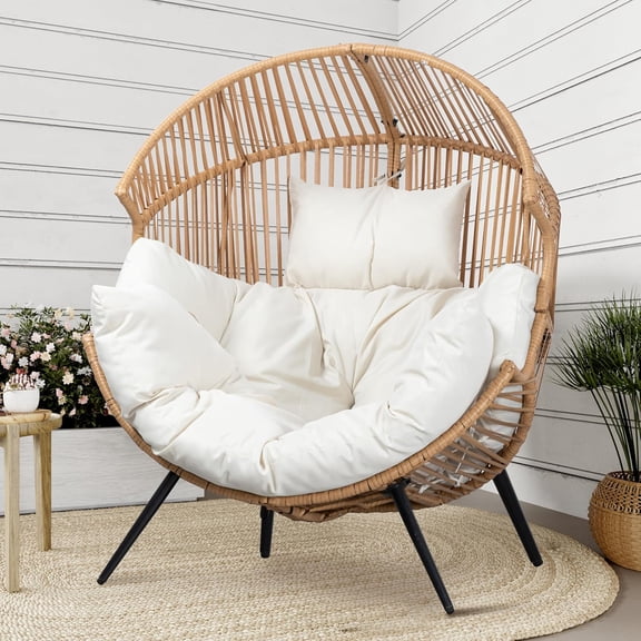 CazToi Indoor Outdoor Wicker Egg Chair, Oversized Lounge Rocker, Rattan Patio Lounge Chair with Pillow & Cushion
