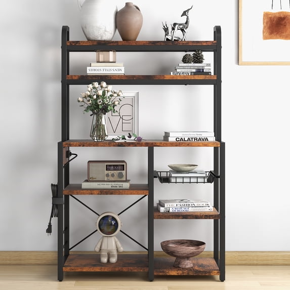 CazToi Industrial 6-Tier Bakers Rack with Power Outlet Ideal for Kitchen, Dining & Living Room