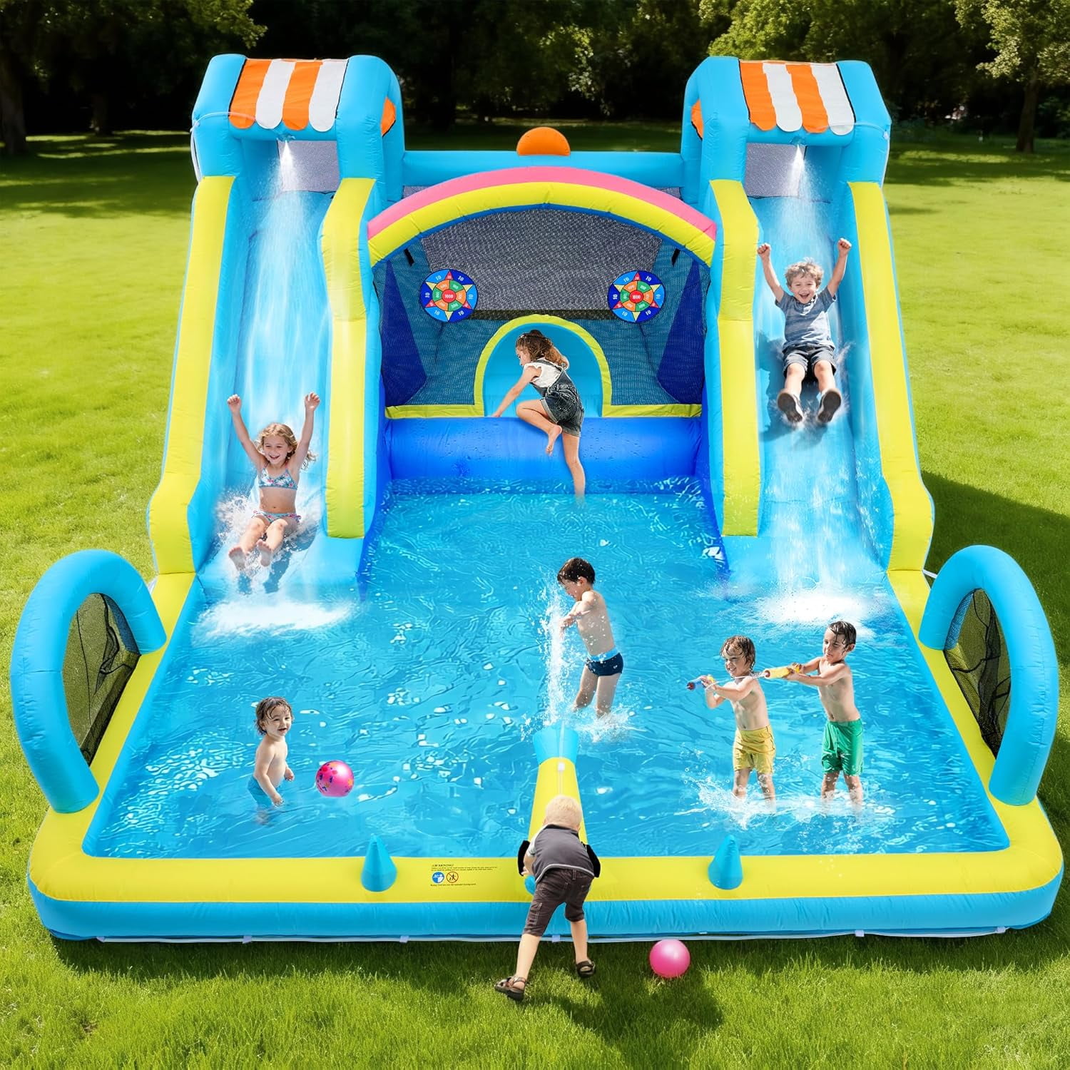 CazToi Inflatable Bounce House with Double Water Slide Oxford Fabric Blower Included Backyard Party