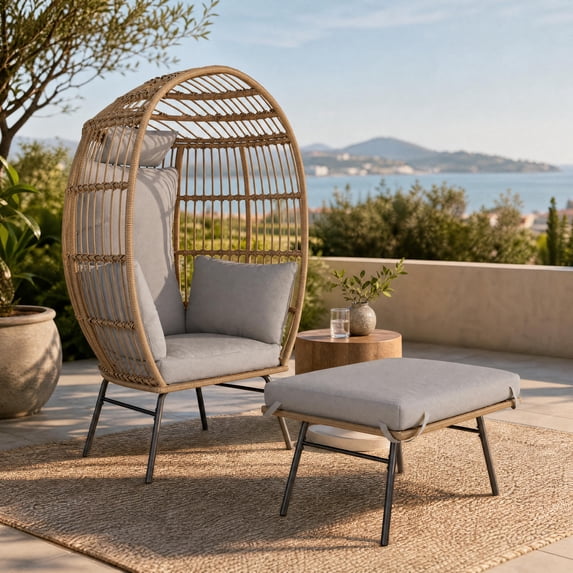 CazToi Iron Frame Rattan Egg Chair with Footrest & Cushion, Oversized Patio Wicker Chair Set