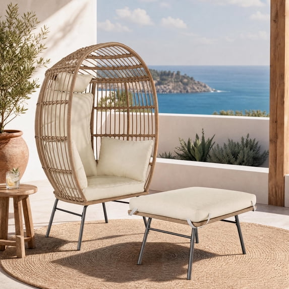 CazToi Iron Frame Rattan Egg Chair with Footrest & Cushion, Oversized Patio Wicker Chair Set