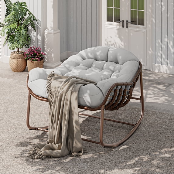 CazToi Iron Rattan Rocking Chair, Indoor Outdoor Papasan Rocker with Cushion, Oversized Wicker Lounge Chair