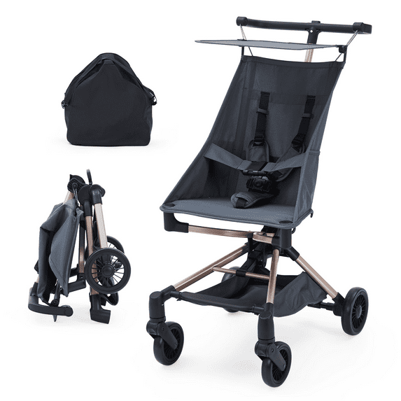 CazToi Lightweight Compact One-Hand Fold Stroller Adjustable Canopy Travel Black